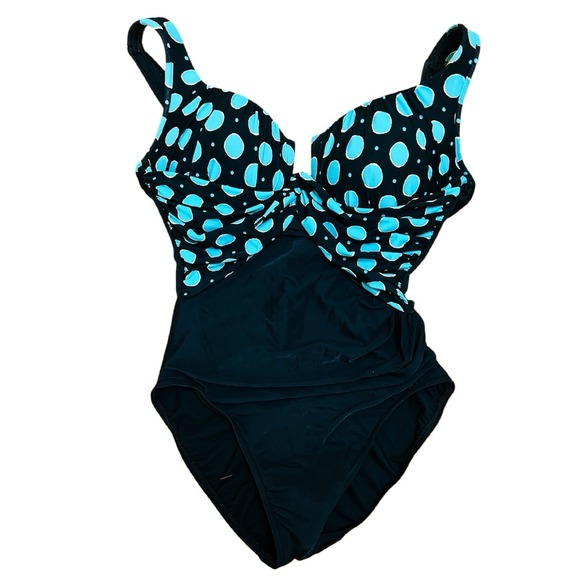 MiracleSuit Sandra D One Piece Swimsuit Size 14 Teal Aqua Blue Black Polka Dot - Picture 3 of 8